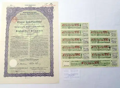 Leipziger Hypothekenbank 8 % 100 Goldmark Leipzig, 10.09.1929 plus Erneuerungsschein