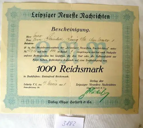 Leipziger Neueste Nachrichten Versicherungsbescheinigung über 1000 RM, 07.03.1931