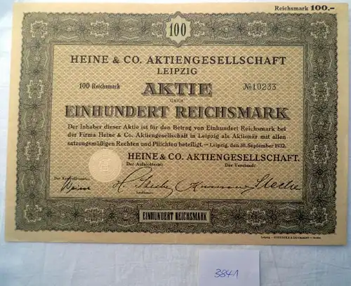 Heine & Co AG  100 RM Leipzig, 30.09.1932 plus Erneuerungsschein