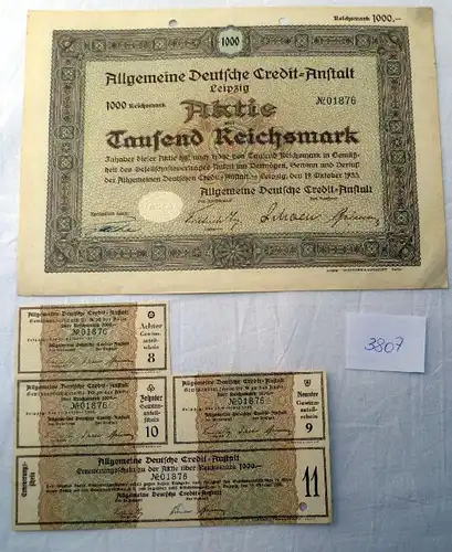 Allgemeine Deutsche Credit-Anstalt  1.000 RM  19.10.1933, Leipzig plus Erneuerungsschein