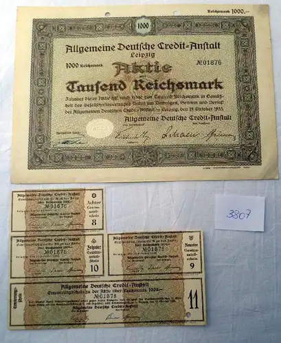 General Deutsche Credit Anstalt 1.000 RM 19.10.1933, Leipzig plus renouvellement