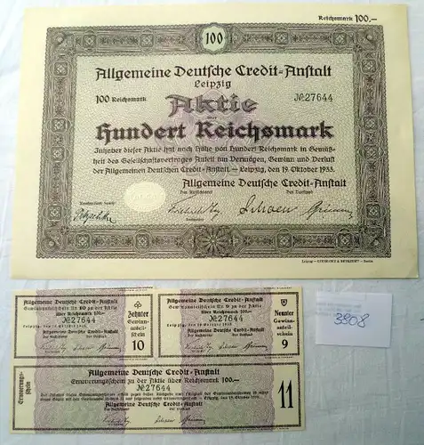 Allgemeine Deutsche Credit-Anstalt  100 RM  19.10.1933, Leipzig plus Erneuerungsschein