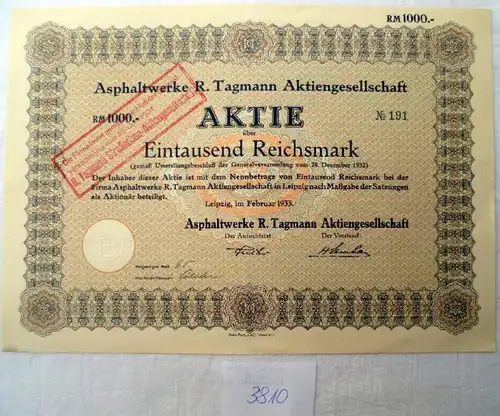 Asphaltwerke R. Tagmann AG  1.000 RM  02/1933, Leipzig
