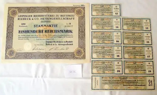 Leipziger Bierbrauerei zu Reudnitz Riebeck & Co. AG 100 RM Leipzig, 01.08.1933 plus Erneuerungsschein