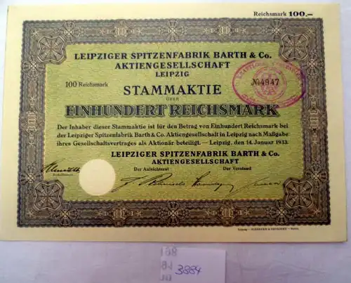 Leipziger Dentellefabrik Barth & Co AG, 100 RM Leipzig, 14.01.1933