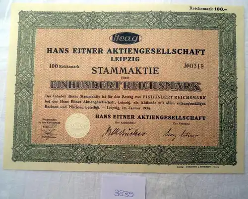 Hans Eitner AG  100 RM  Leipzig, Januar 1934