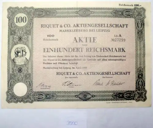 Riquet & Co.Aktiengesellschaft (Riquet Chokolade mit dem Elefant) über 100 Reichsmark vom April 1938