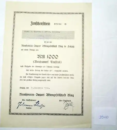 Rauchwaren-Import AG Riag Leipzig, Zwischenschein, 1000 RM Leipzig, 20.12.1940