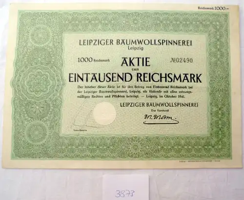 Leipziger Baumwollspinnerei AG  1.000 RM  Leipzig, Oktober 1941