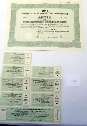 OMZ Vereinigte Ost- und Mitteldeutsche Zement Aktiengesellschaft Oppeln 100 Mark 12.Dezember 1941 pus Erneuerungsschein