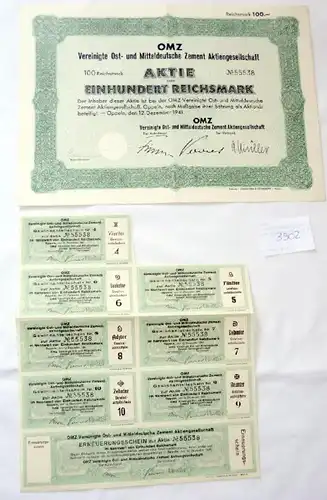 OMZ Vereinigte Ost- und Mitteldeutsche Zement Aktiengesellschaft Oppeln 100 Mark 12.Dezember 1941 pus Erneuerungsschein