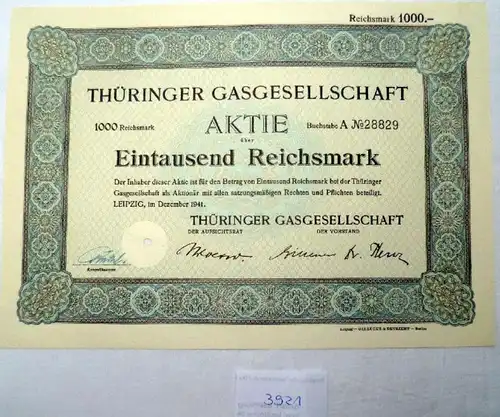 Thüringer Gasgesellschaft AG 1.000 RM Leipzig Décembre 1941