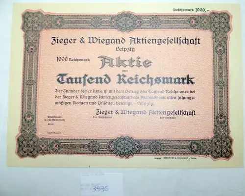 Zieger & Wiegand AG 1000 RM Leipzig, Blankette 1941