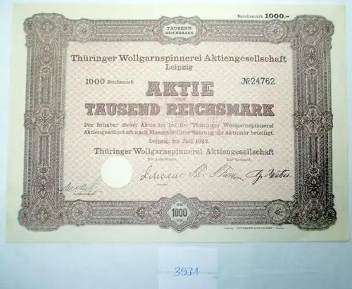 Thüringer Wollgarnspinnerei AG  1.000 RM  Leipzig, Juli 1942