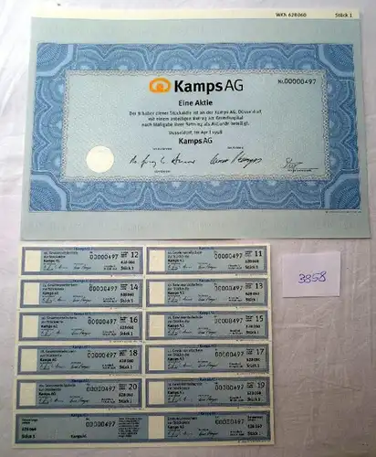 Kamps AG Stückaktie Düsseldorf April 1998 plus Erneuerungsschein