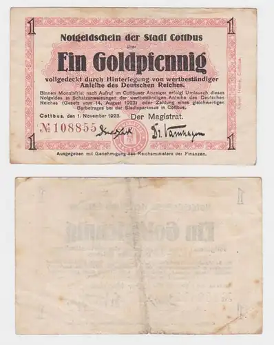 Notgeldschein der Stadt Cottbus 1 Goldpfennig
