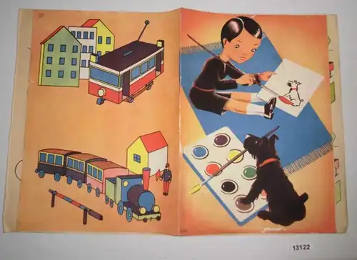 Ausmalheft für Kinder, Umschlagmotiv Mädchen auf Decke malt Hund, Hund mit Pinsel auf einem Farbkasten - Nr. 501 A