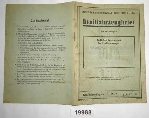 DDR Lettre de voiture pour voitures particulières DKW Cabriolet Année de construction 1933