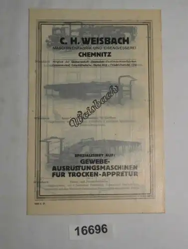 Catalogue: C.H. Weisbach Maschinenfabrik et Eisengierei Chemnitz spécialisée dans les machines d'équipement en tissu pour Tro
