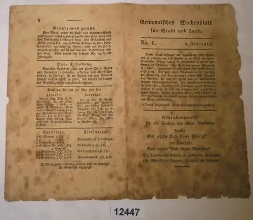 Journal hebdomadaire Grimmaisches Wochenblatt pour la ville et le pays No. 1 (2 janvier 1813)