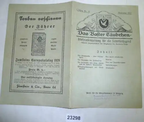 Das Basler Täubchen - Briefmarkenzeitung für die Sammlerjugend 1. Jahrgang Nr. 12 September 1927