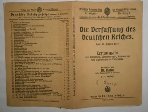 Die Verfassung des Deutschen Reiches vom 11. August 1919bearbeitet von M. Hahn