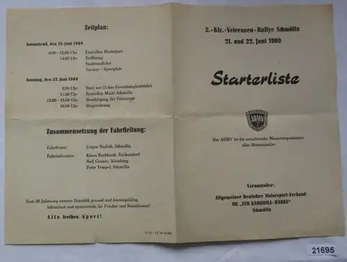 Starterliste 2.-Kfz.-Veteranen-Rallye Schmölln 21. und 22. Juni 1969