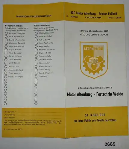 Veranstaltungsheft BSG Motor Altenburg Sektion Fußball - 5. Punktspiel der Liga Staffel E Motor Altenburg gegen Fortschr