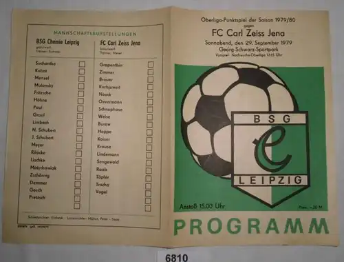 Programme: BSG Leipzig - FC Carl Zeiss Jena Oberliga-Spiegel-Joint de la saison 1979/80, samedi 29 septembre 1979