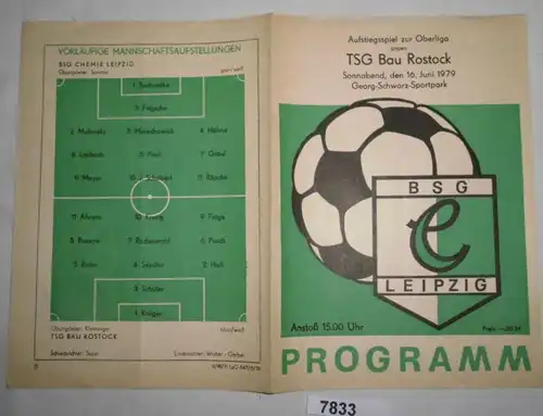 Programme: BSG Leipzig - TSG Bau Rostock Jeu d'ascension à Oberliga, samedi 16 juin 1979 Georg-Noir-Sport