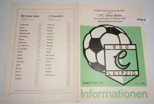 Informations FDGB Coupal II: Main Ronde 1981 BSG Chemie Leipzig contre 1 FC Union Berlin