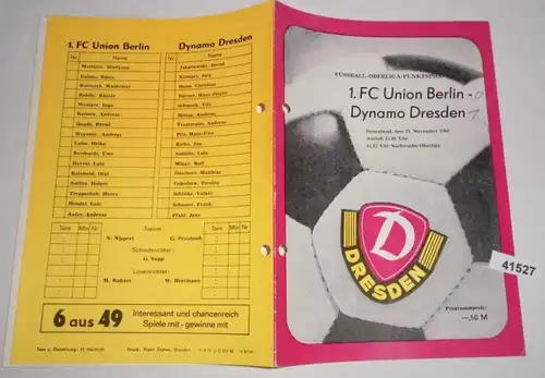 Programm Fußball Oberliga Punktspiel 1982  1. FC Union Berlin - Dynamo Dresden