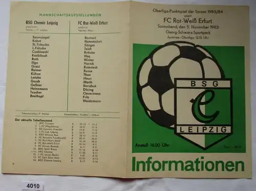 Programme de football Information BSG Chemie Leipzig contre FC Rouge-Blanche-Erfurt, 05 novembre 1983