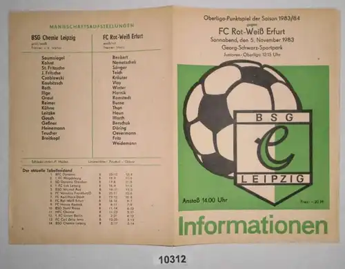 Fußball Programm Informationen BSG Chemie Leipzig - FC Rot-Weiß-Erfurt, 05. November 1983