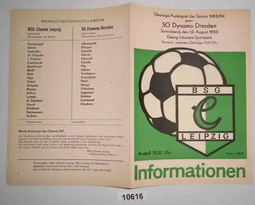 Fußball Programm Informationen BSG Chemie Leipzig - SG Dynamo Dresden, 13. August 1983