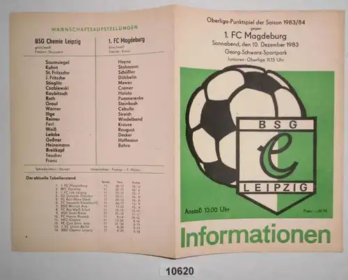 Programme de football Information BSG Chemie Leipzig - 1er FC Magdeburg, 10 décembre 1983