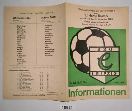 Programme de football Information BSG Chemie Leipzig - FC Hansa Rostock, 10 septembre 1983