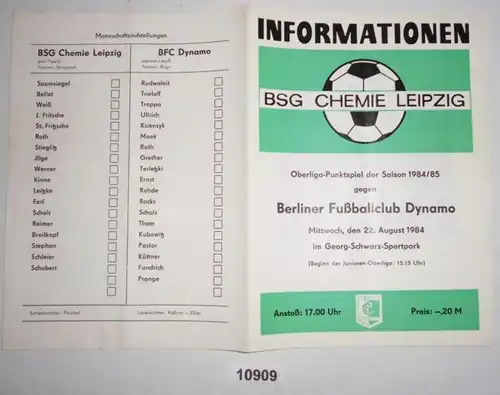 Fußball Programm Informationen BSG Chemie Leipzig - Berliner Fußballclub Dynamo, 22. August 1984