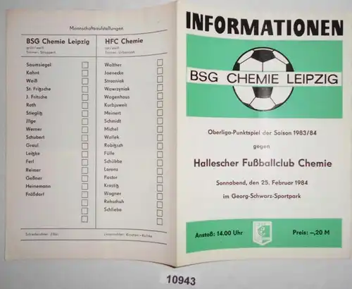 Fußball Programm Informationen BSG Chemie Leipzig - Hallescher Fußballclub Chemie, 25. Februar 1984