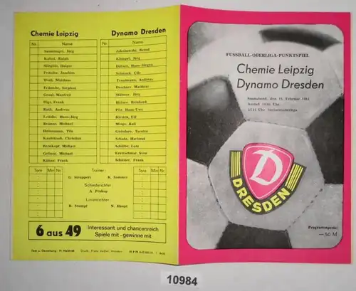 Fußball Programm Chemie Leipzig - Dynamo Dresden, 18. Februar 1984