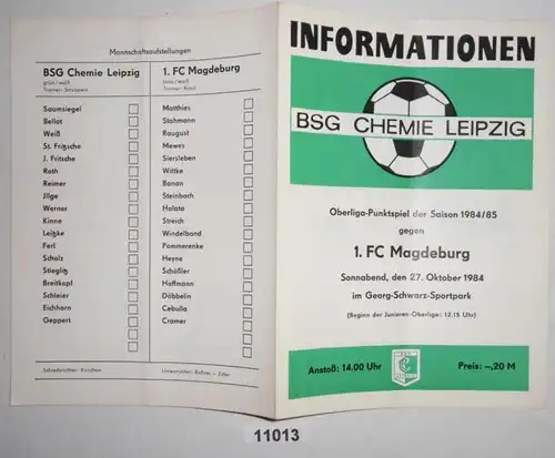 Fußball Programm Informationen BSG Chemie Leipzig - 1. FC Magdeburg, 27. Oktober 1984
