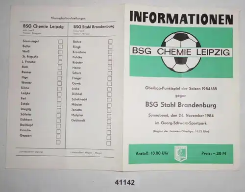 Programme de football Information BSG Chemie Leipzig - BSR Stahl Brandenburg, 24 novembre 1984