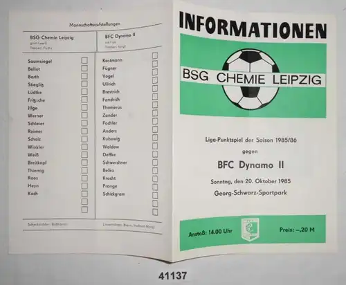 Fußball Programm Informationen BSG Chemie Leipzig - BFC Dynamo II, 20. Oktober 1985