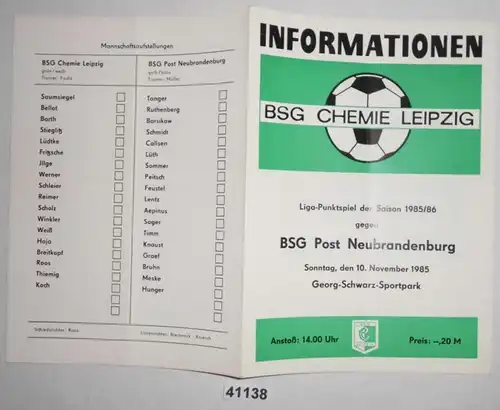 Programme de football Information BSG Chemie Leipzig - BSR Post Neubrandenburg, 10 novembre 1985