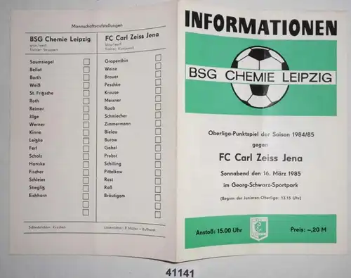 Fußball Programm Informationen BSG Chemie Leipzig - FC Carl Zeiss Jena, 16. März 1985