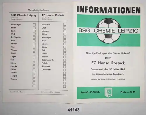 Programme de football Information BSG Chemie Leipzig - FC Hansa Rostock, 30 mars 1985