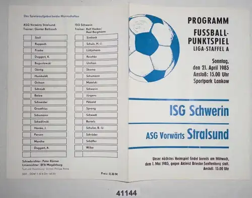 Programme de football ISG Schwerin - ASG En avant Stralsund, 21 avril 1985