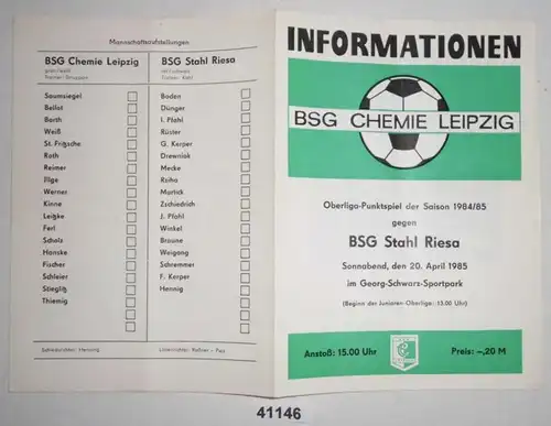 Fußball Programm Informationen BSG Chemie Leipzig - BSG Stahl Riesa, 20. April 1985