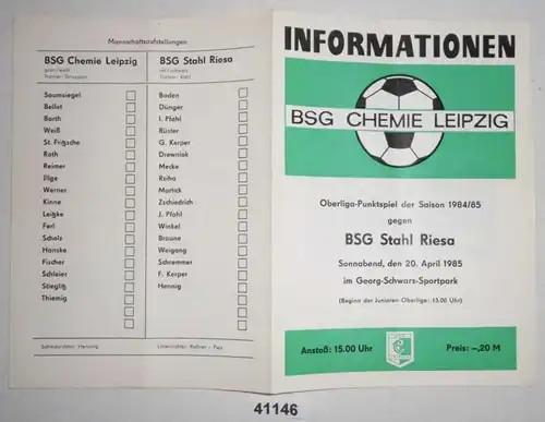 Programme de football Information BSG Chemie Leipzig - BSR Stahl Riesa, 20 avril 1985