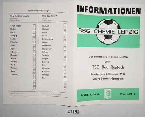 Fußball Programm Informationen BSG Chemie Leipzig - TSG Bau Rostock, 08. Dezember 1985